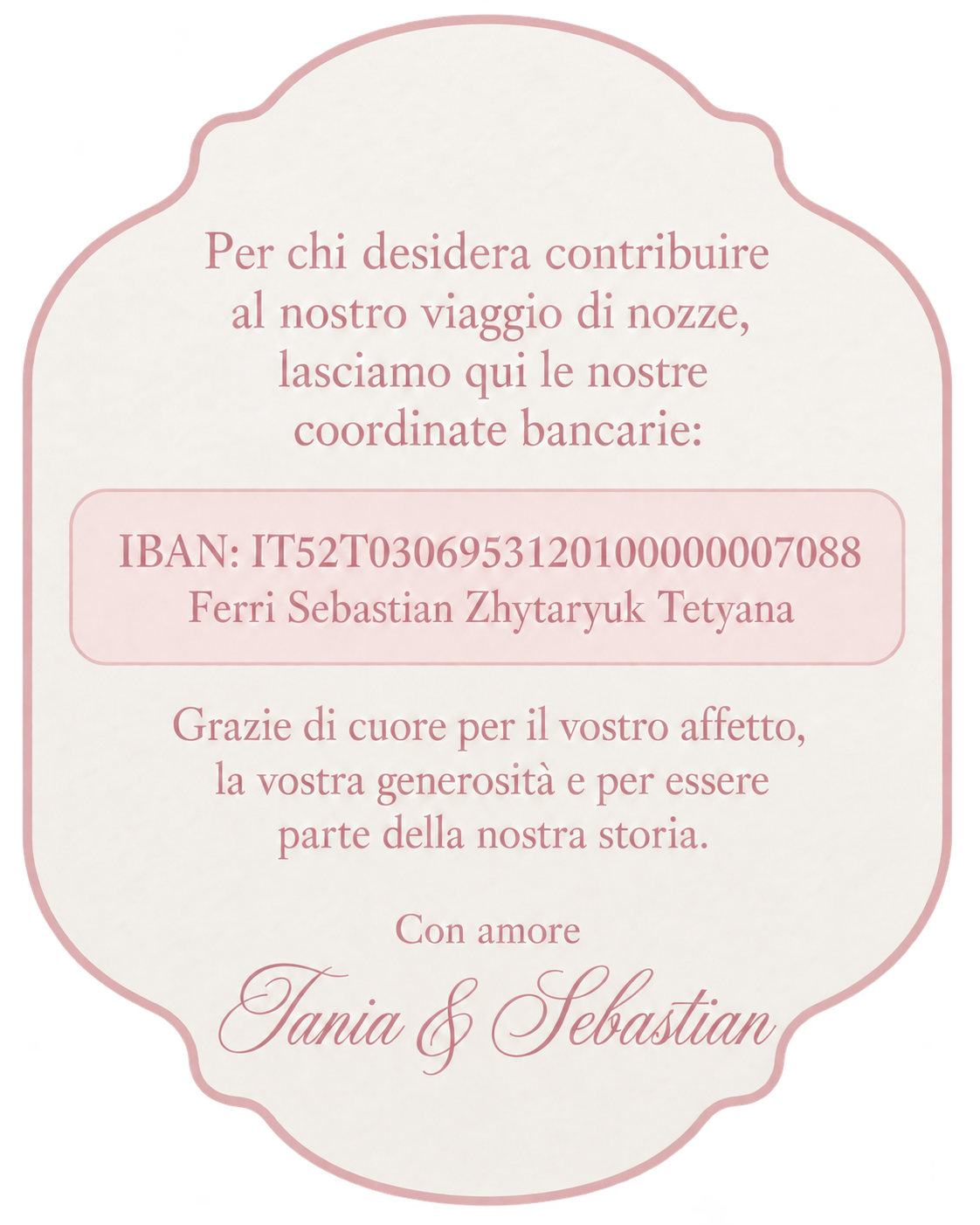 Coordinate bancarie per contribuire al viaggio di nozze di Tania e Sebastian, con ringraziamento degli sposi.